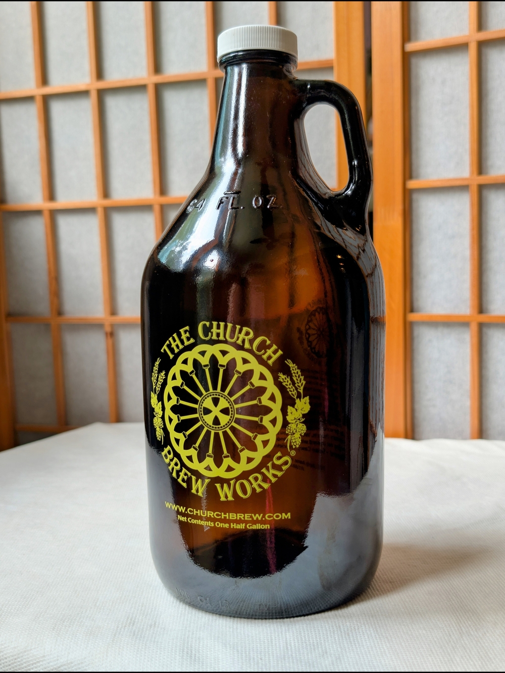Artisanal Beer Growler, Amber Glass Jug, 64oz EMPTY - The Church Brew Works